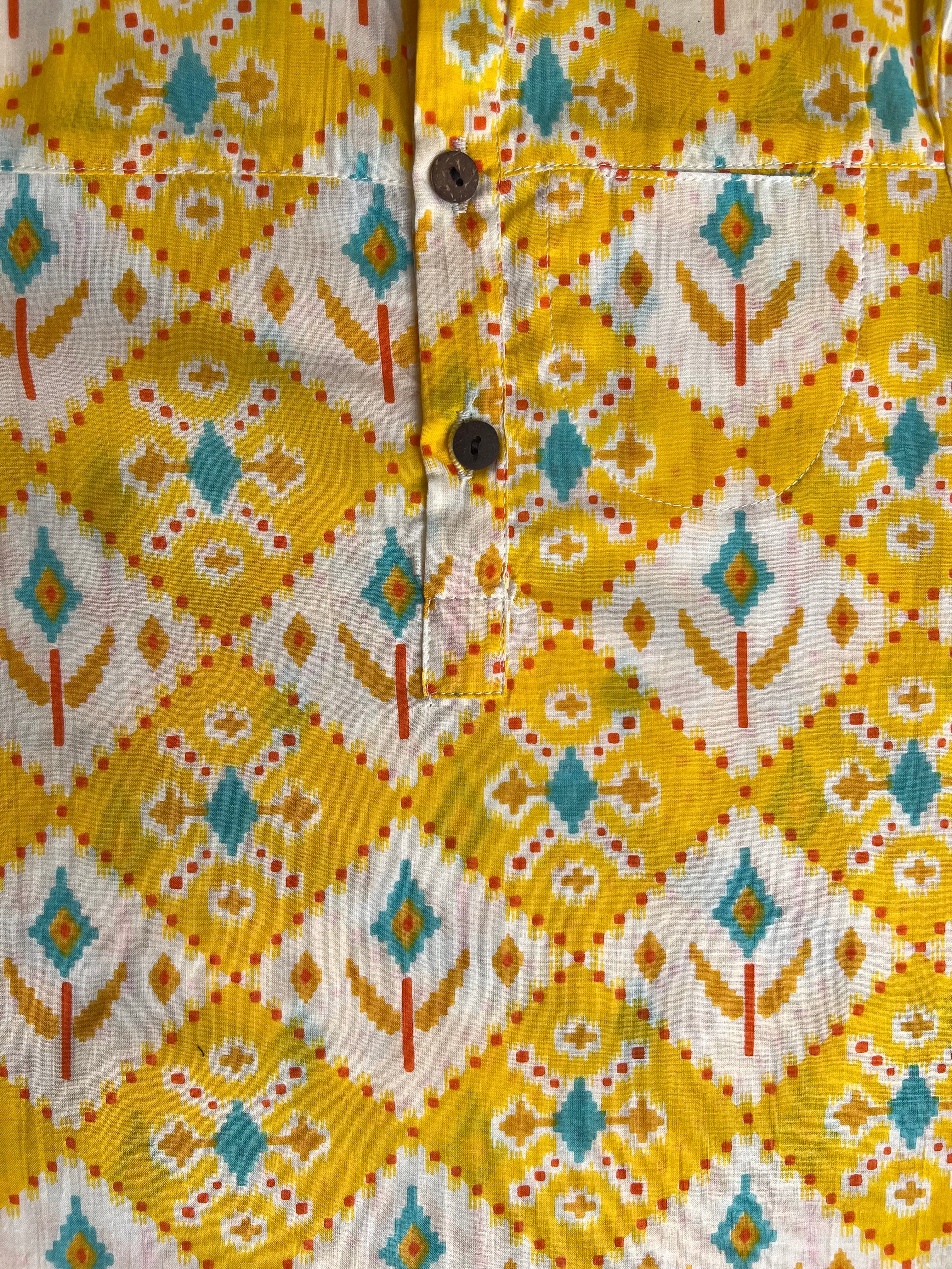 YELLOW SKY BLUE IKKAT PRINT KURTA SHIRT