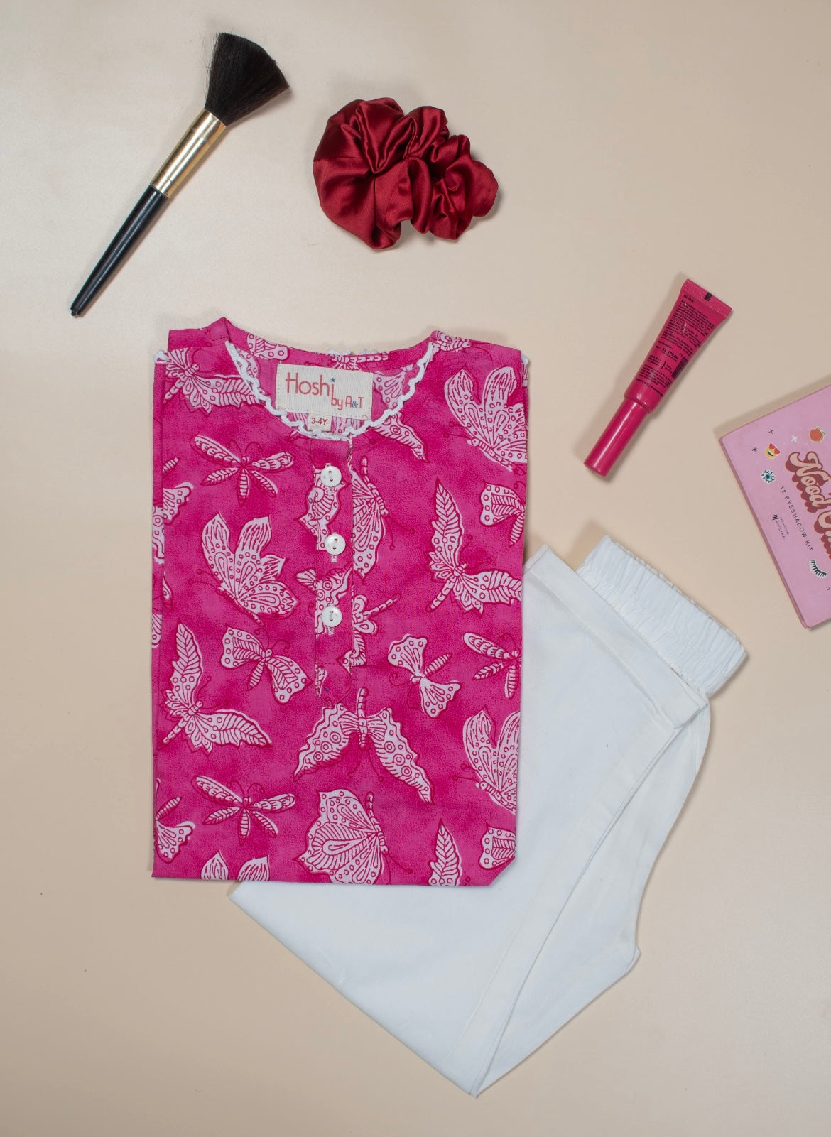 Pink Butterfly Girls Kurti Set