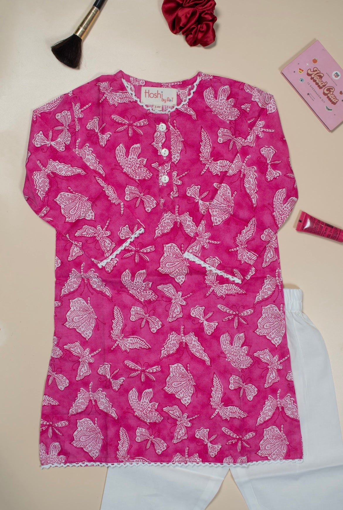 Pink Butterfly Girls Kurti Set
