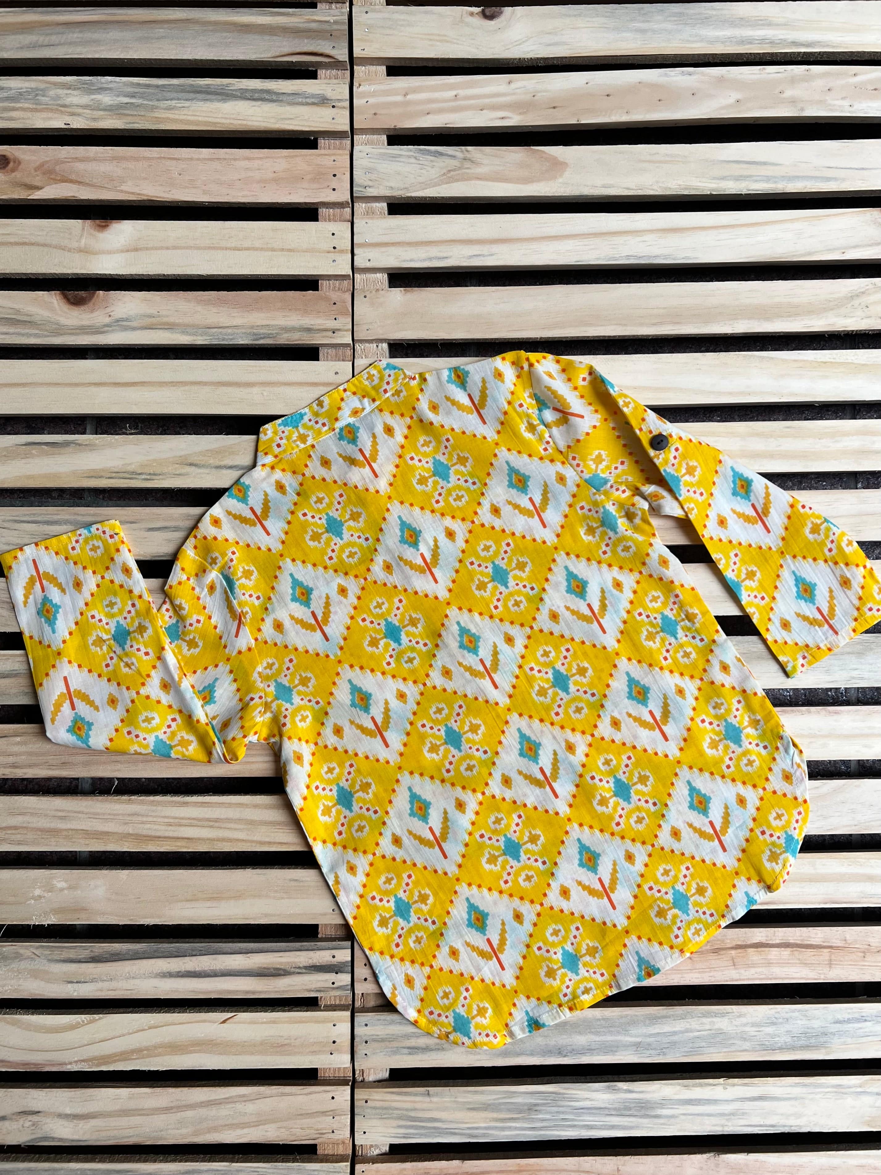 YELLOW SKY BLUE IKKAT PRINT KURTA SHIRT
