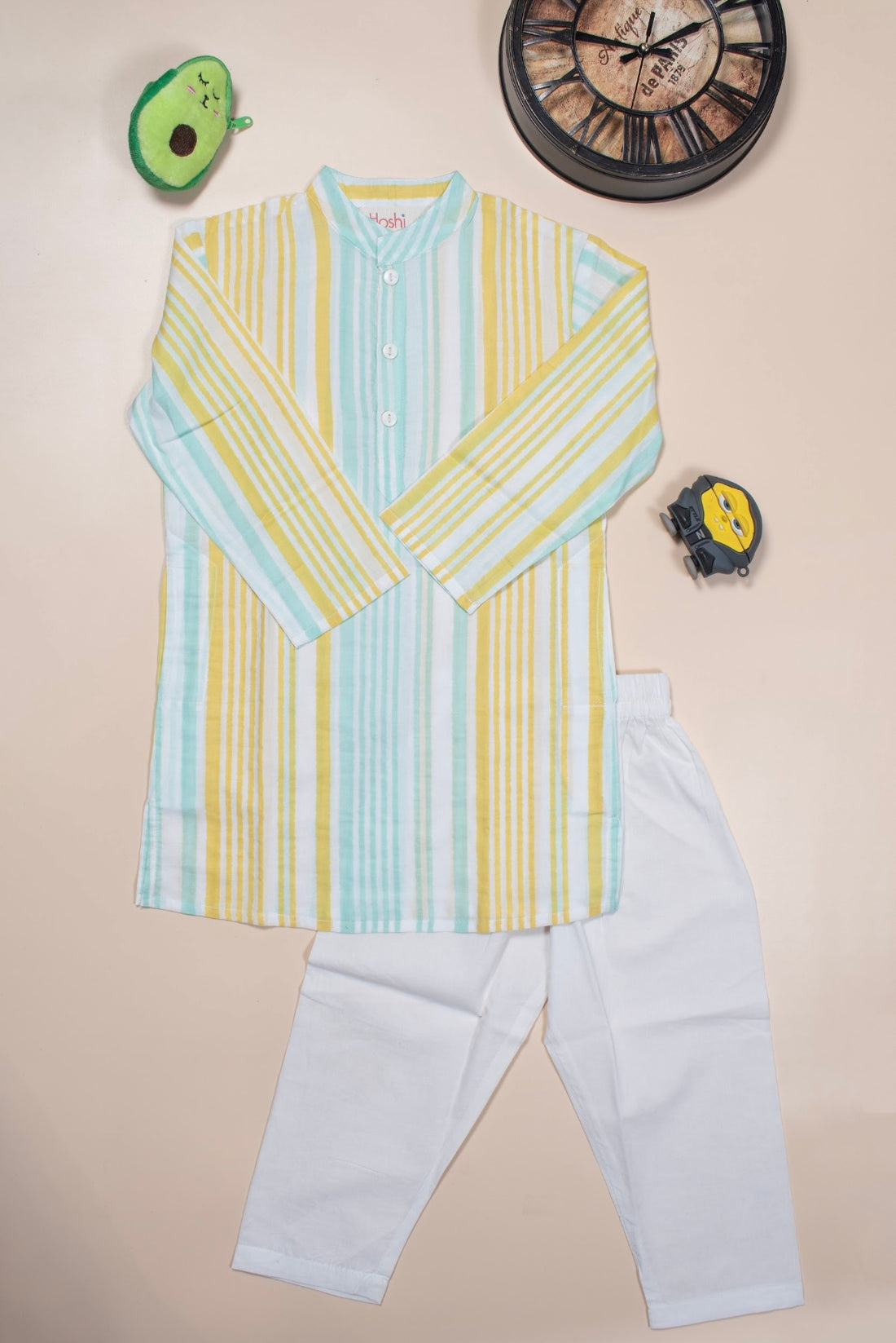 Yellow blue stripes boys kurta set