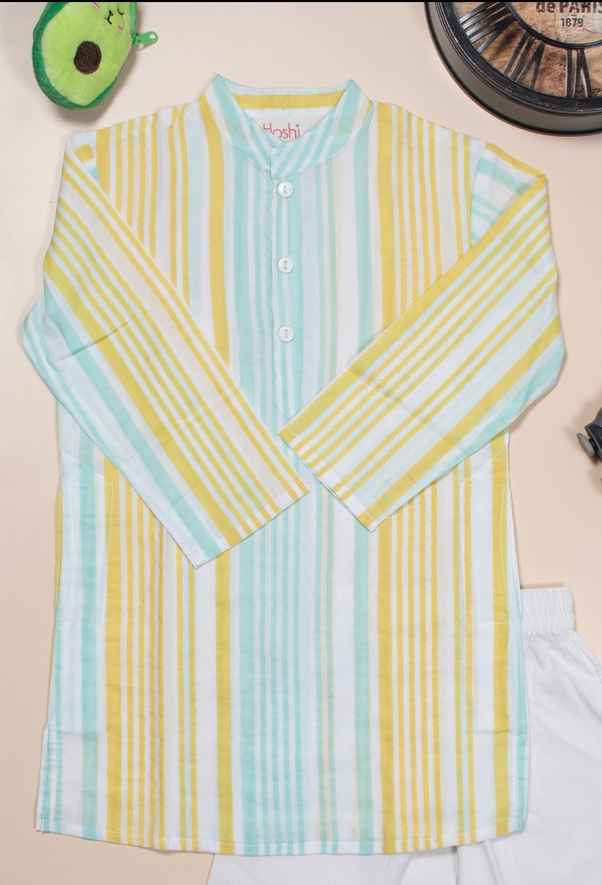 Yellow blue stripes boys kurta set
