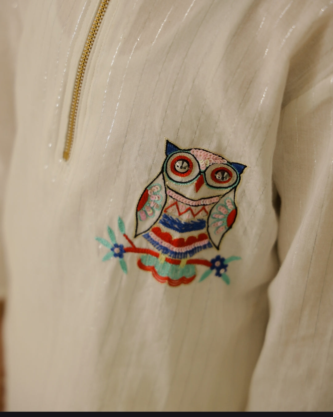 White Lurex Owl Kurta Set