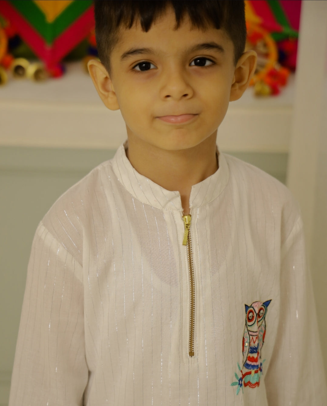 White Lurex Owl Kurta Set