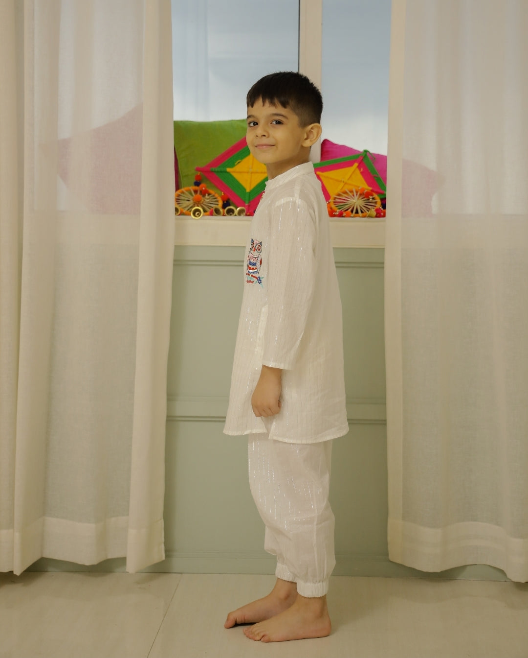 White Lurex Owl Kurta Set