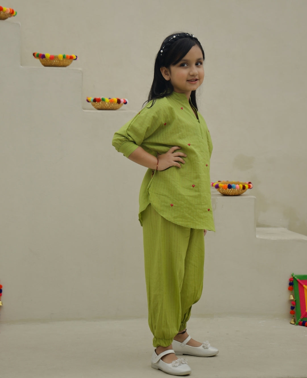 Green Hearts Embroidery Kurta Set