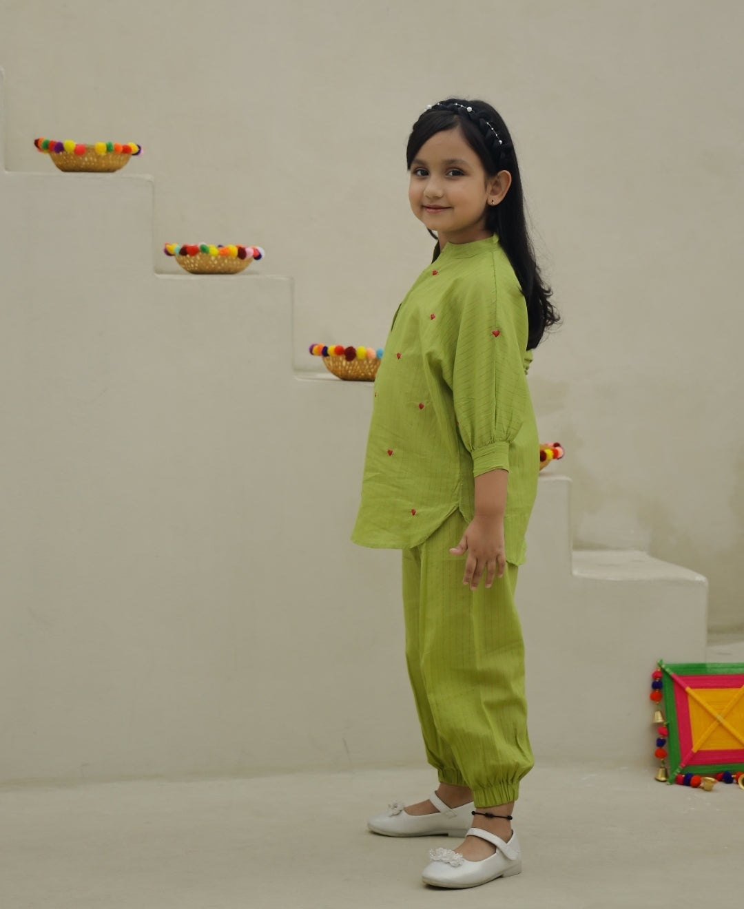 Green Hearts Embroidery Kurta Set