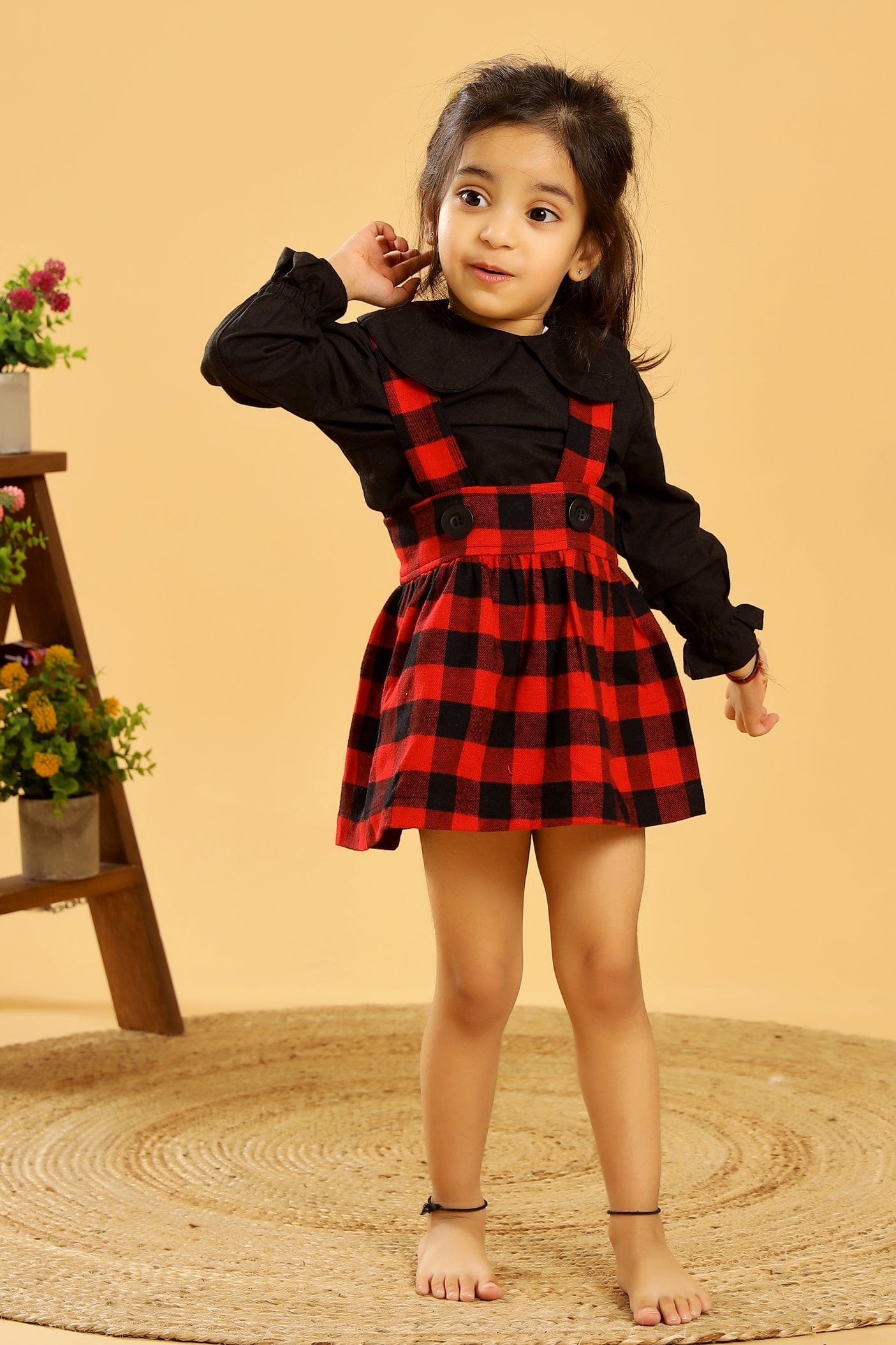 Black Red Checked Skirt Dungaree Set