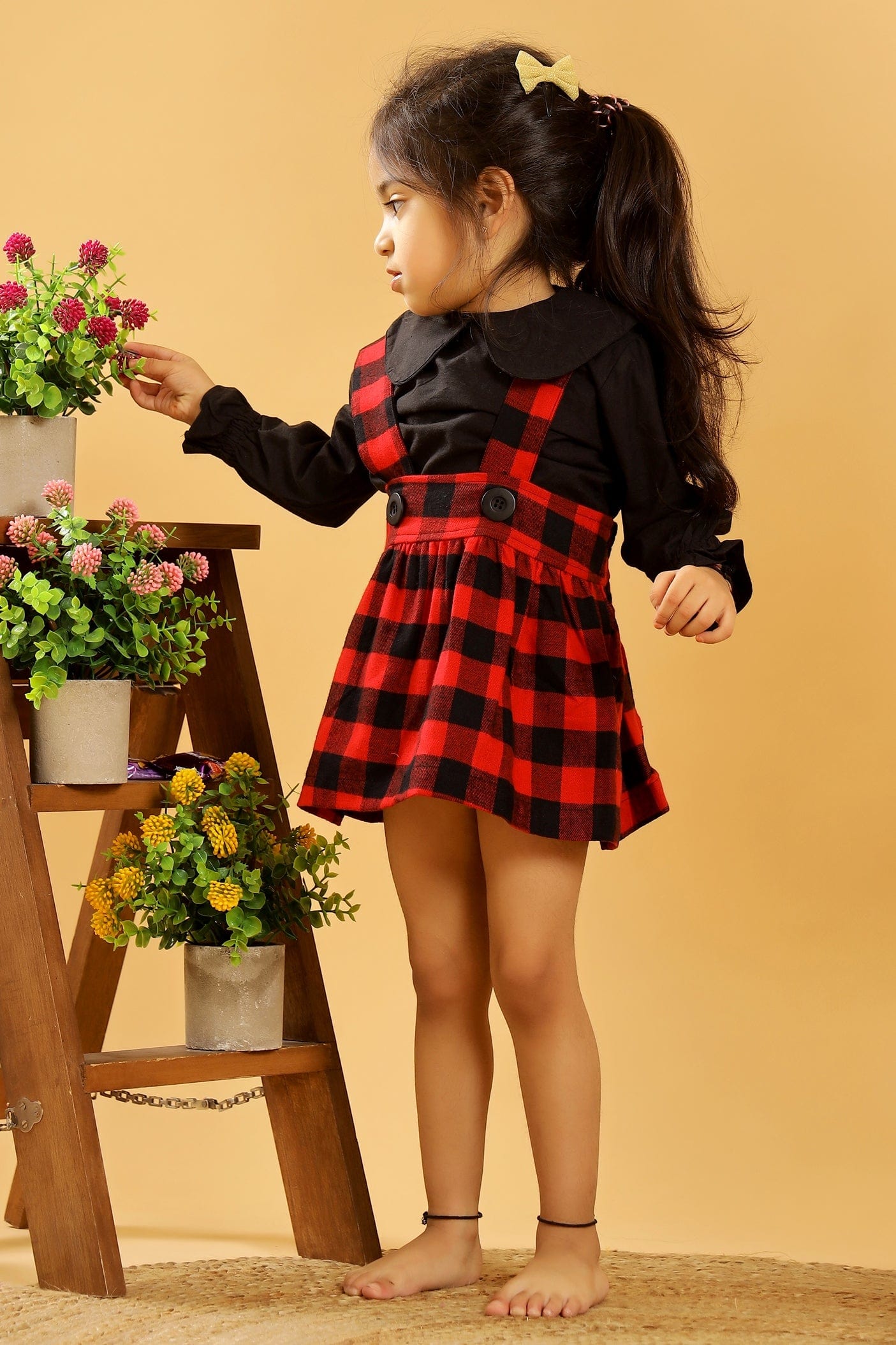 Black Red Checked Skirt Dungaree Set