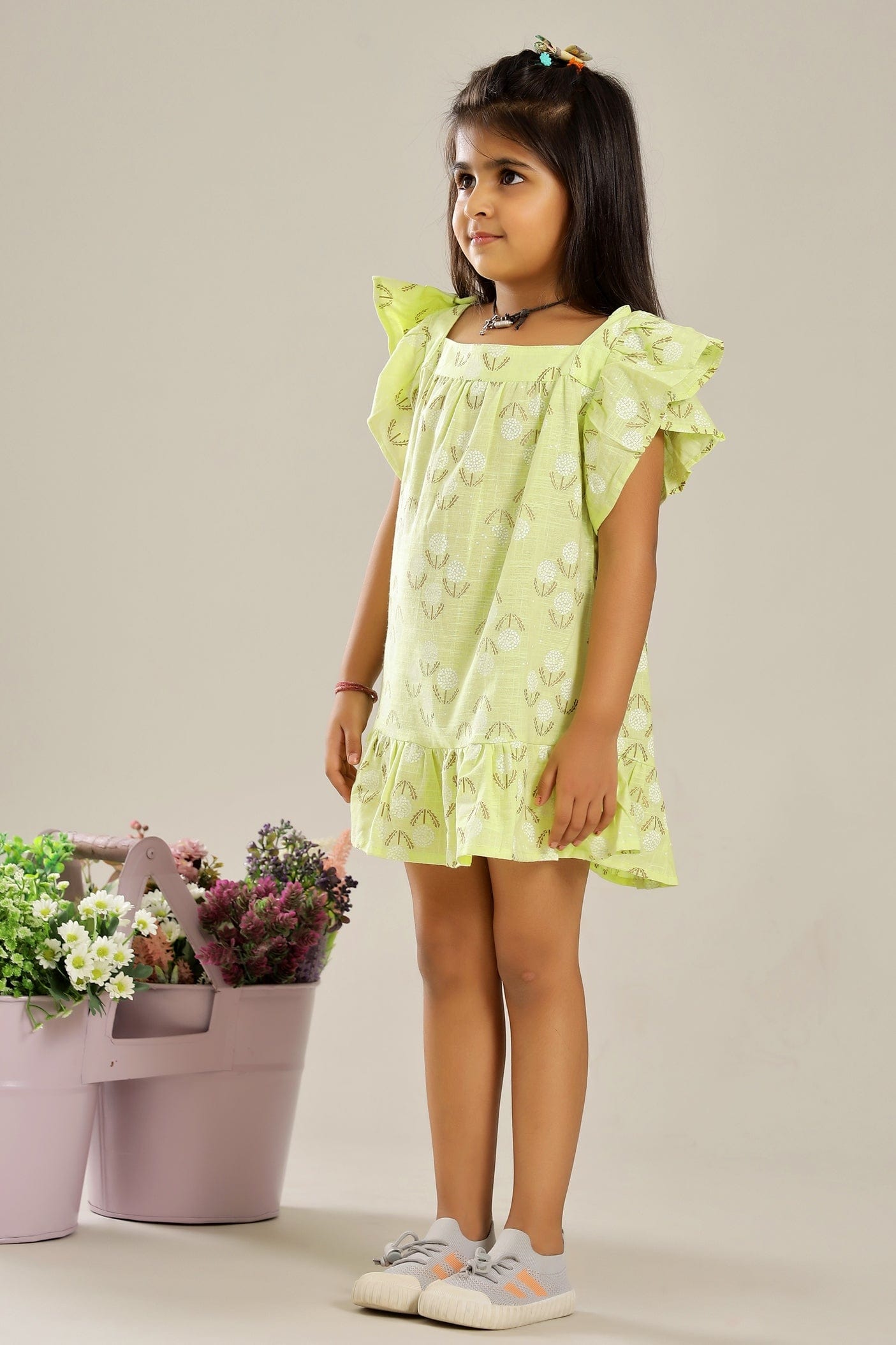 NEON GREEN GOLD PRINT FROCK WITH BOW