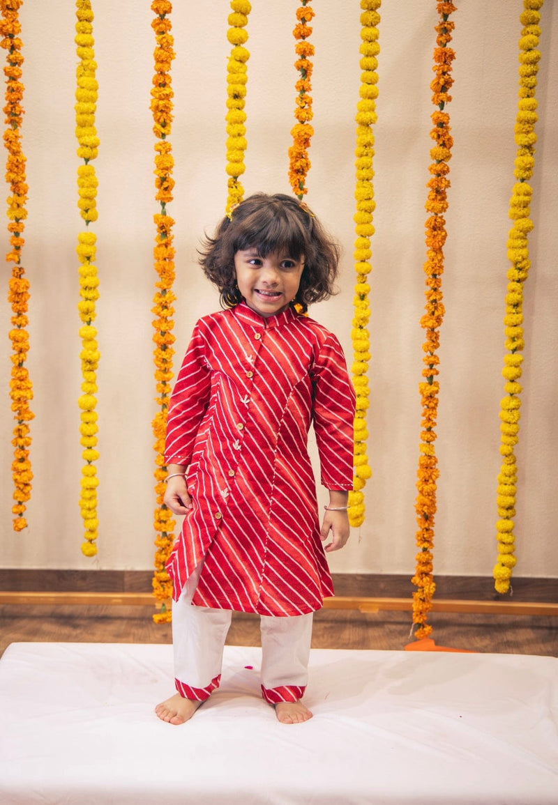 Red Lehariya Kurti Set