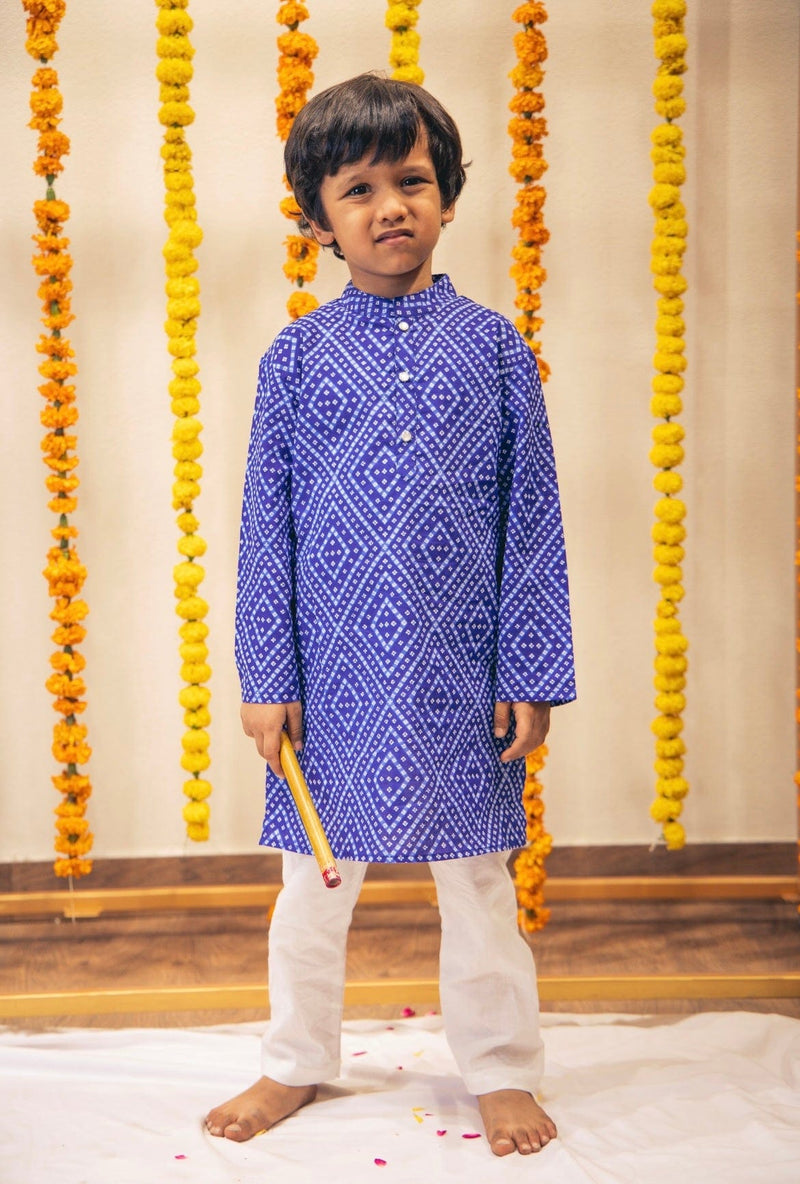 Blue Bandhej Boys kurta set