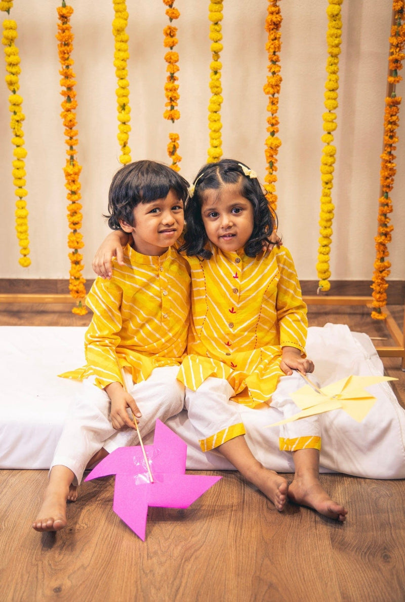 Yellow Lehariya Boys kurta set