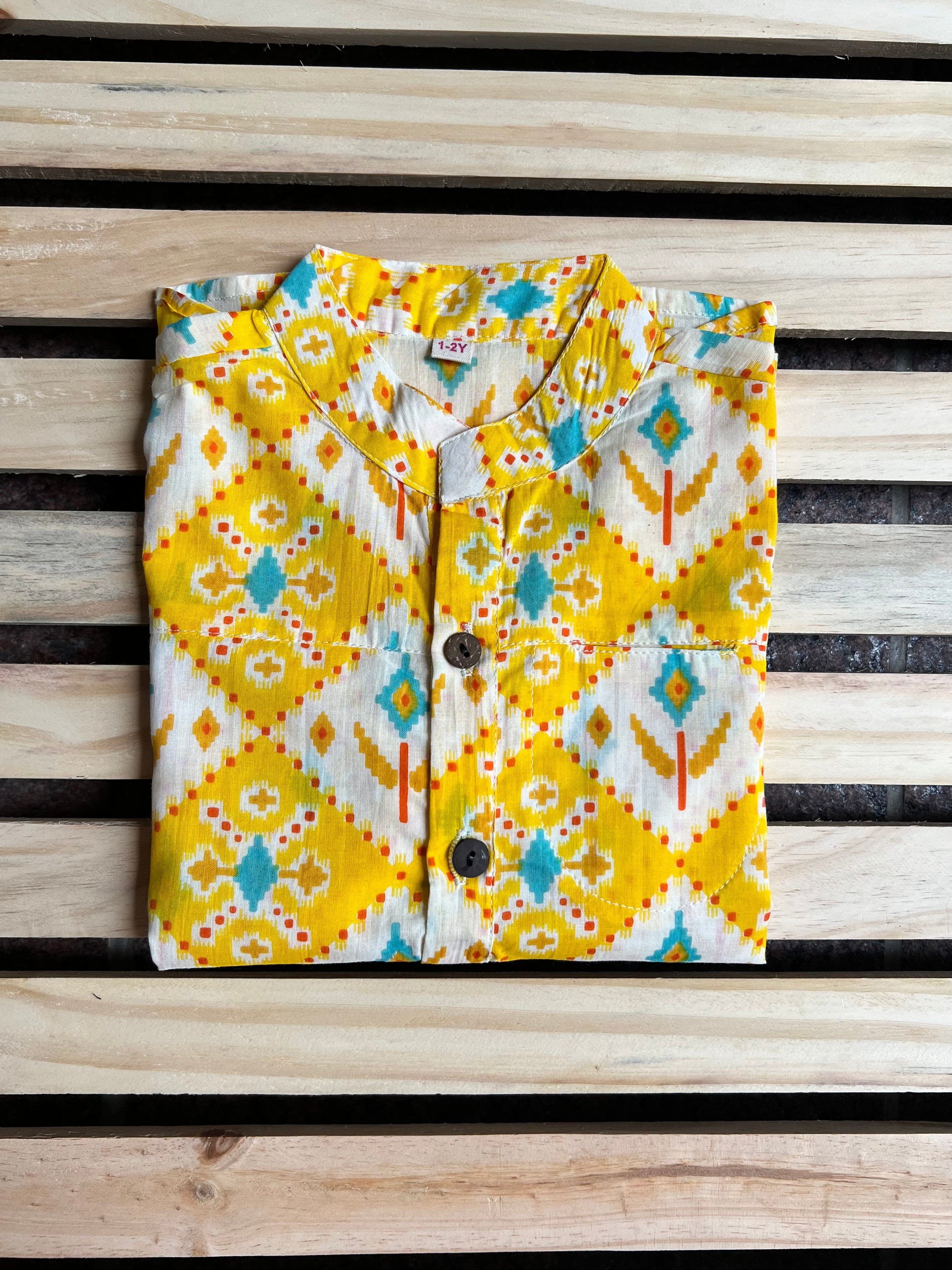YELLOW SKY BLUE IKKAT PRINT KURTA SHIRT