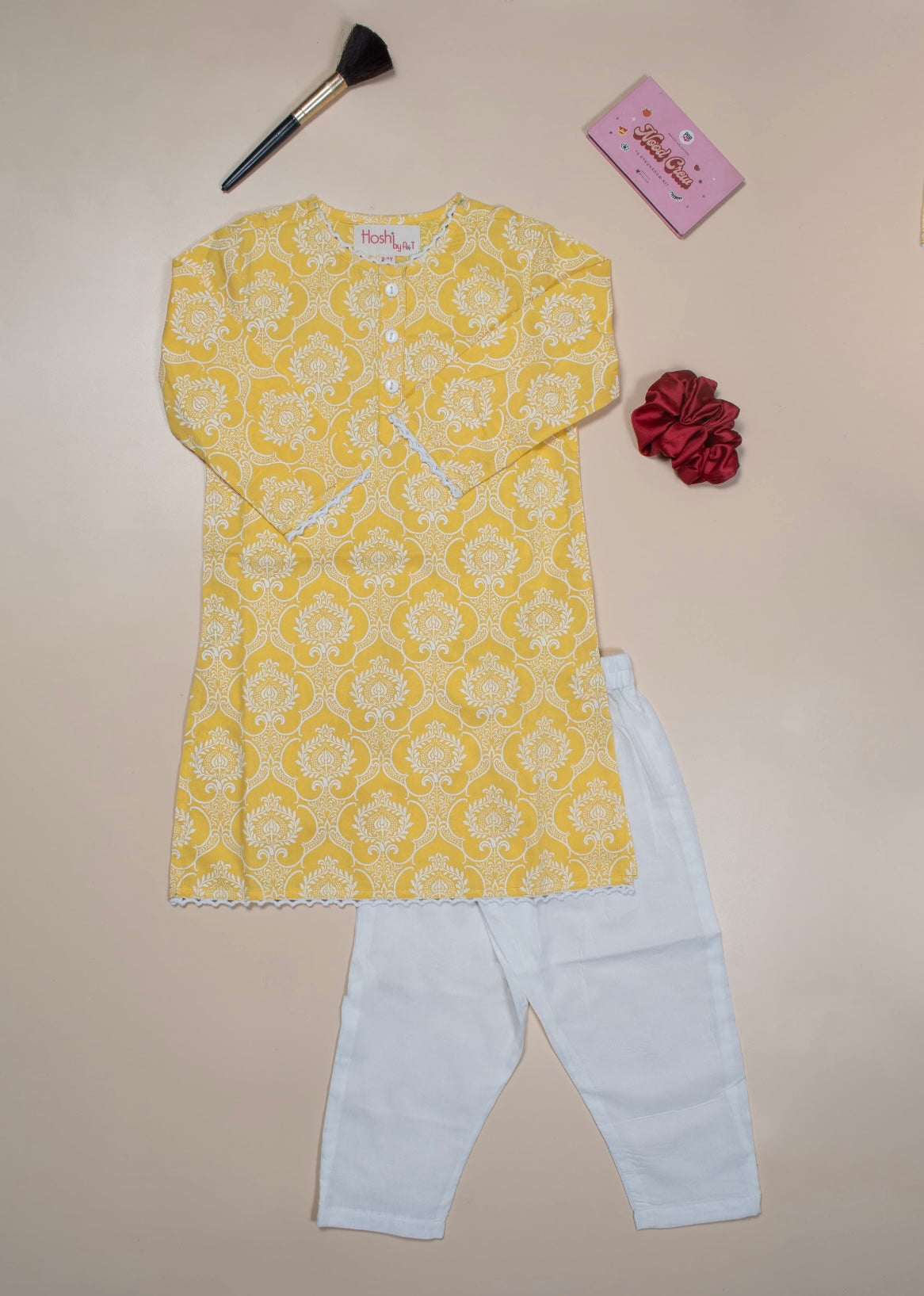 Yellow Damask Girls Kurti Set