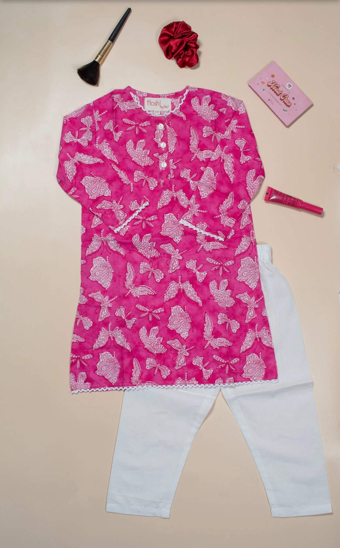 Pink Butterfly Girls Kurti Set