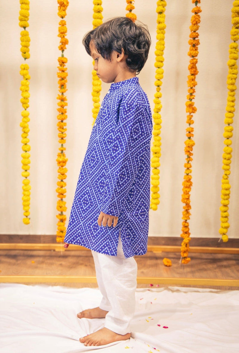 Blue Bandhej Boys kurta set