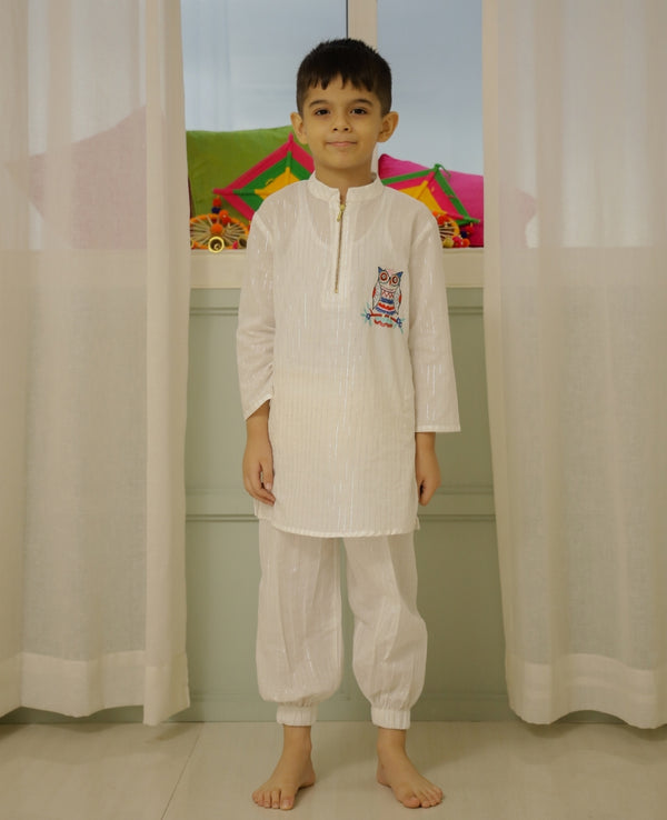 White Lurex Owl Kurta Set