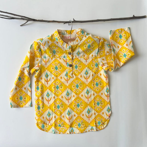 YELLOW SKY BLUE IKKAT PRINT KURTA SHIRT