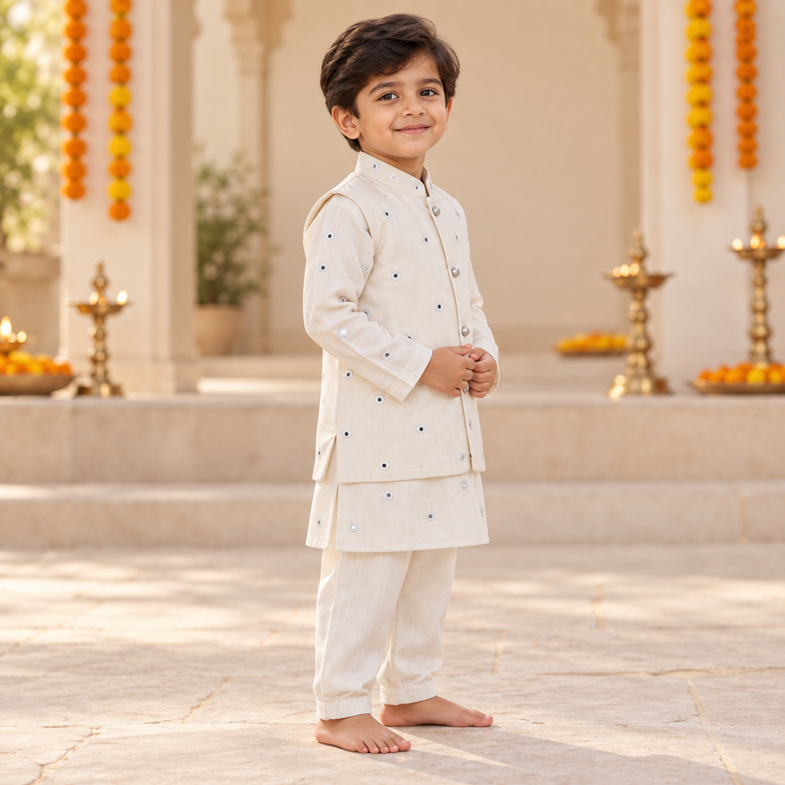 Ivory Mirror-Work Jacket Kurta Set
