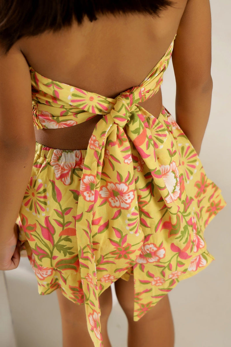 YELLOW FLORAL SMOCKED BEACH WEAR CO-ORD SET