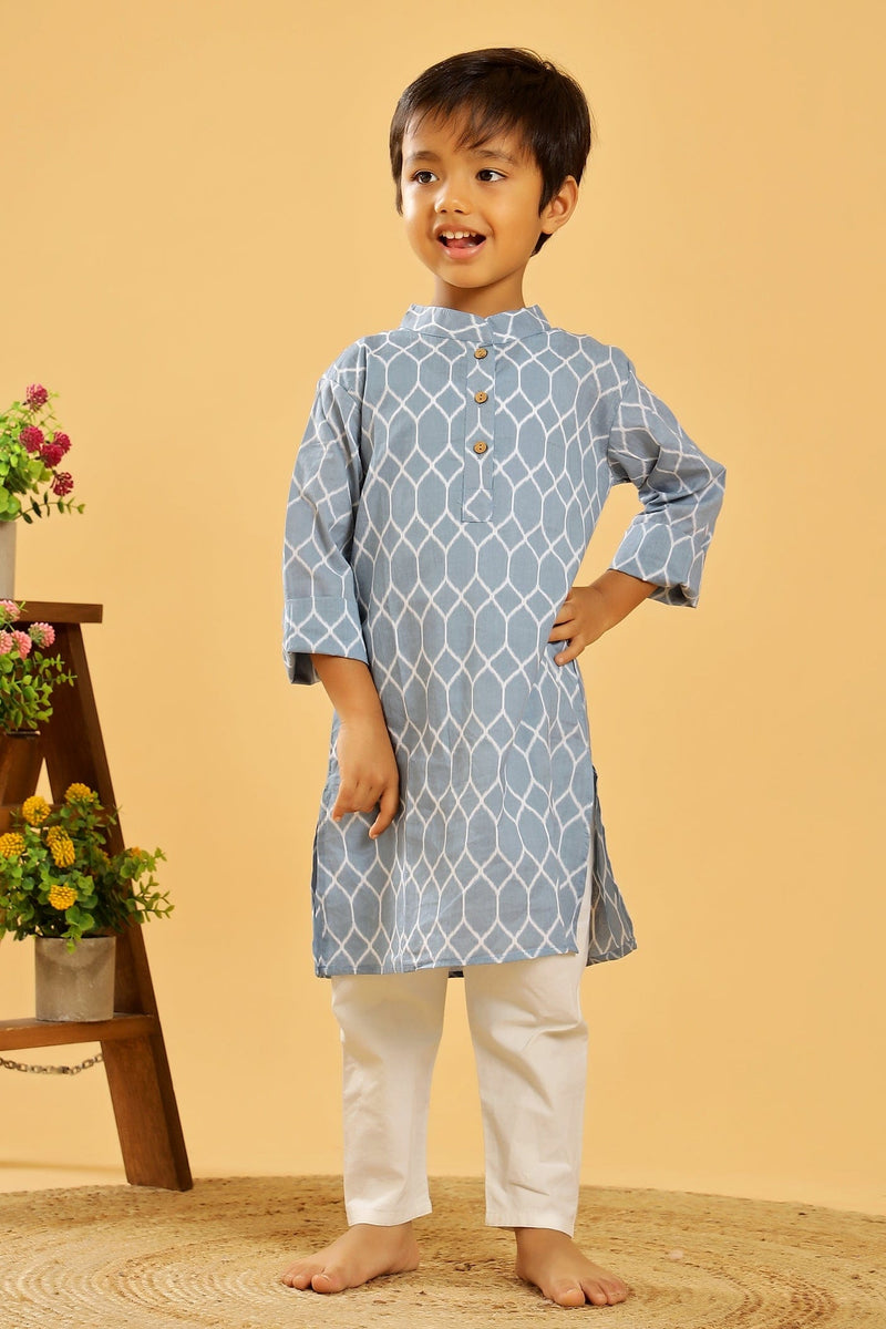 BLUE GREY GEOMETRIC LONG KURTA