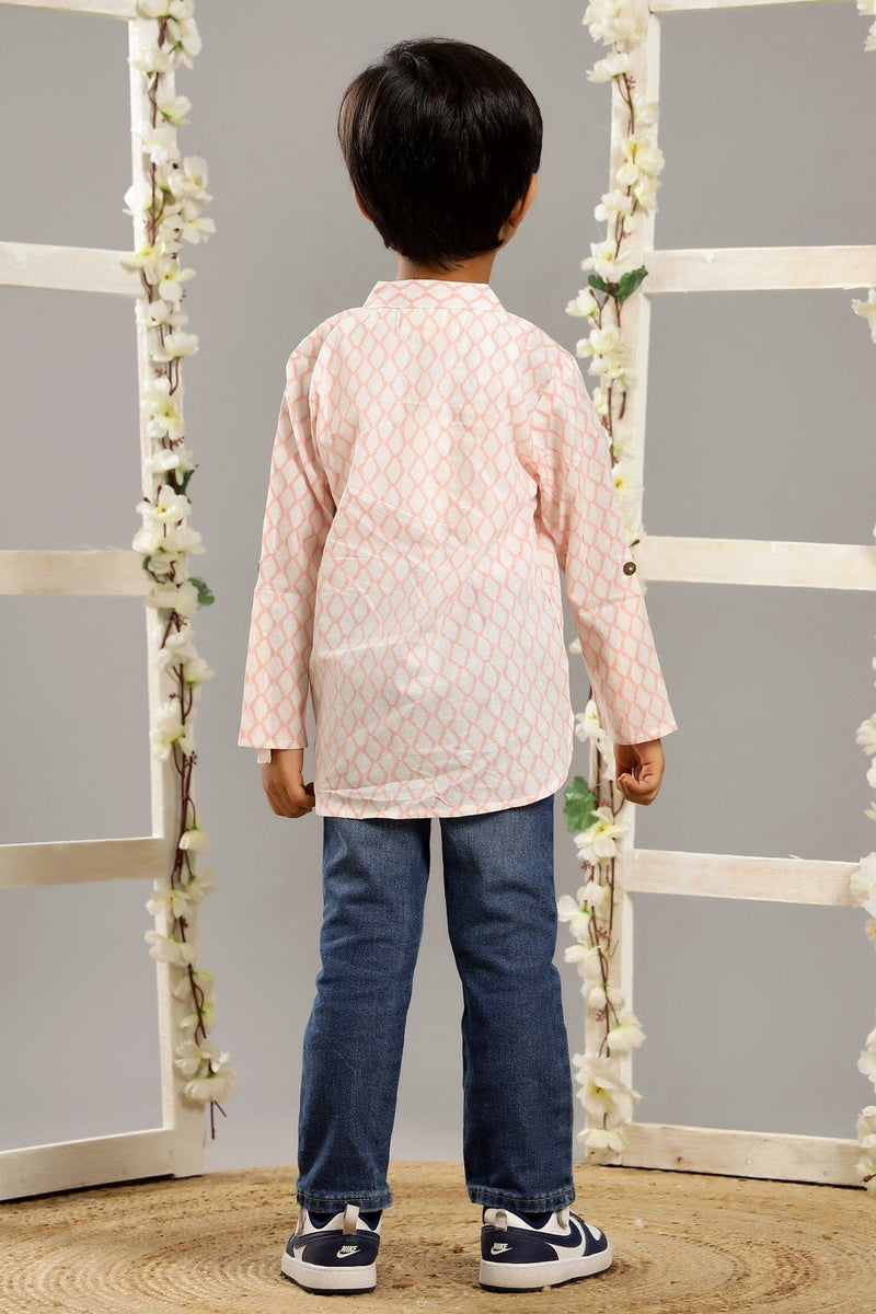 WHITE & PINK GEOMETRIC KURTA SHIRT