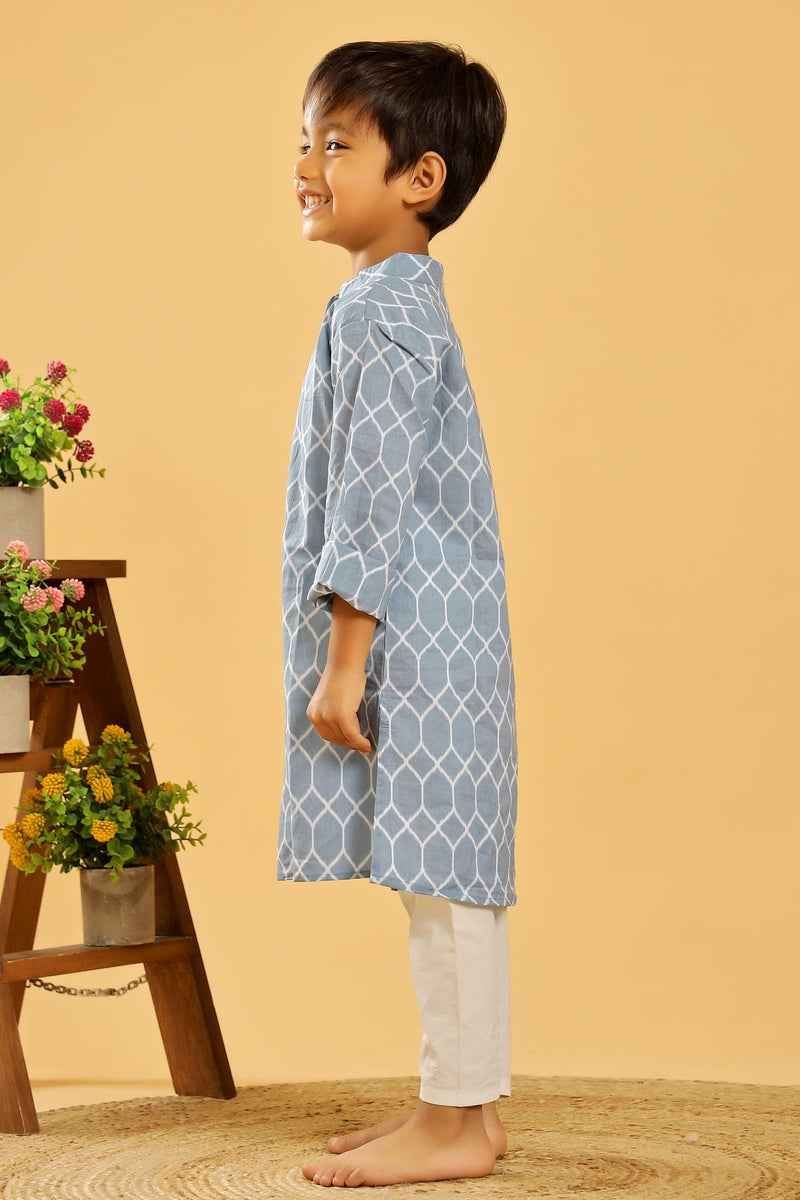 BLUE GREY GEOMETRIC LONG KURTA