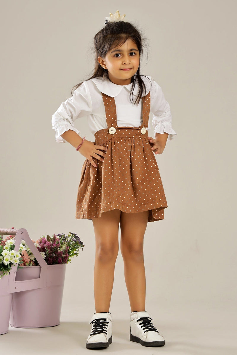 Brown Polka Dot Corduroy Skirt Dungaree Set