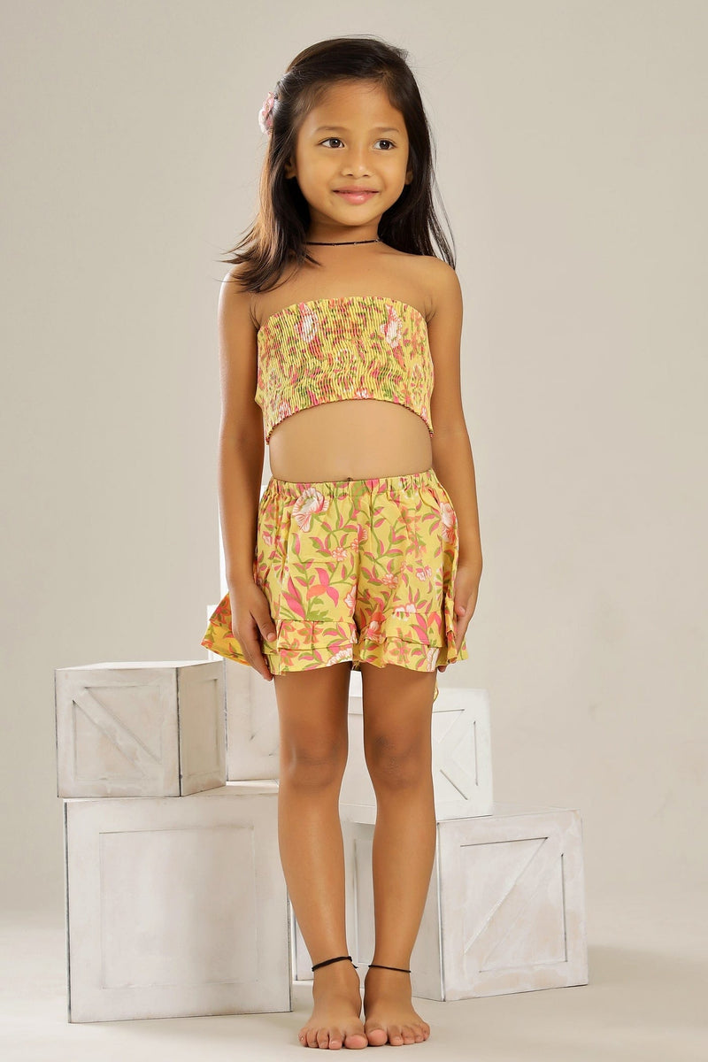 YELLOW FLORAL SMOCKED BEACH WEAR CO-ORD SET