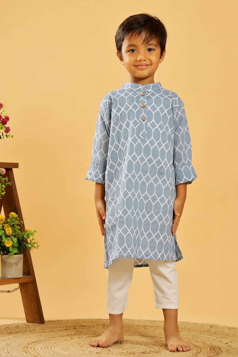 BLUE GREY GEOMETRIC LONG KURTA