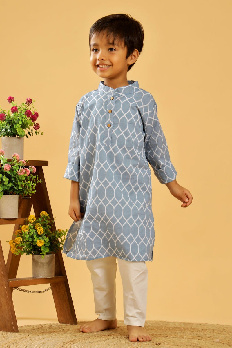 BLUE GREY GEOMETRIC LONG KURTA