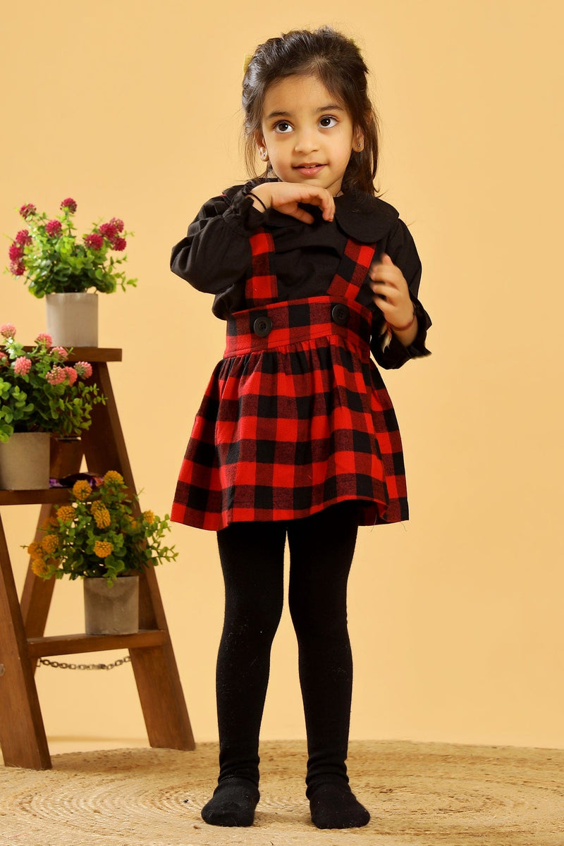 Black Red Checked Skirt Dungaree Set