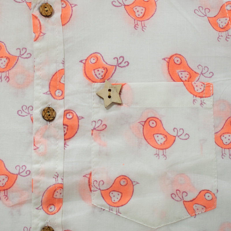 NEON ORANGE BIRD BLOCK PRINT HALF SLEEVES SHIRT