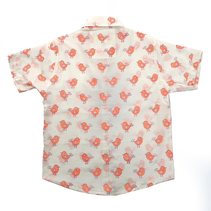 NEON ORANGE BIRD BLOCK PRINT HALF SLEEVES SHIRT